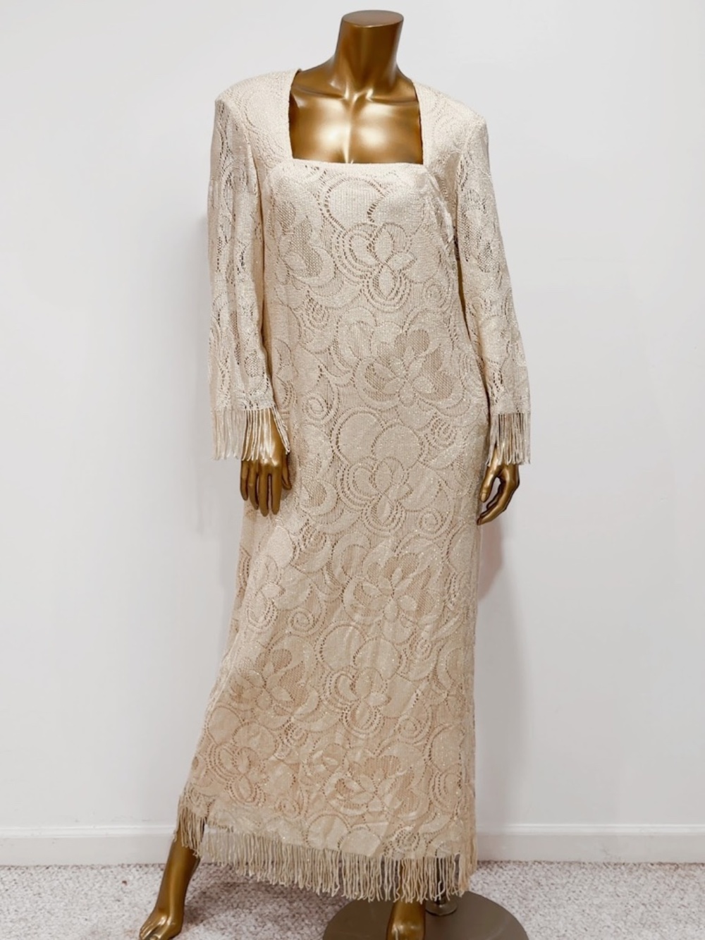 Onyx Nite Vintage 90s Champagne Crochet Long Sleeve Fringe Maxi Dress Size 16